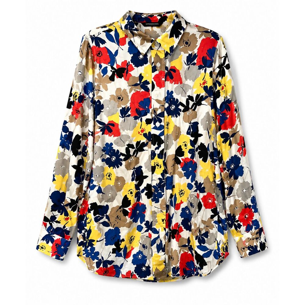 Jones New York Watercolor Floral Blouse Button Down Long Sleeve Abstract Print M